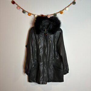 Vintage lambskin leather and fox fur trim jacket